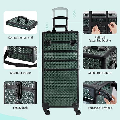 Rolling Makeup Case, Makeup Train Case with Lid, 5 in 1 Cosmetology Case on Wheels, Christmas Gift, Large Makeup Case Organizers, Profesional Cosmetic Case for Salon Barber,Black Green
