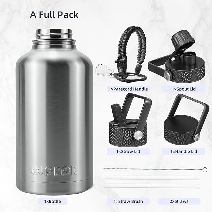 BJPKPK Half Gallon Insulated Water Bottles with Straw Lid, 64oz Large Water Jug, Stainless Steel Bottles with 3 Lids and Paracord Handle, Thermo for Hot & Cold Liquid, Stainless Steel