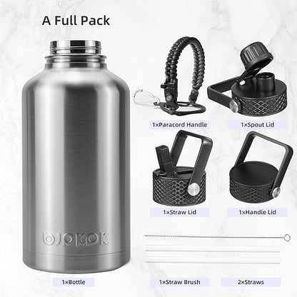 BJPKPK Half Gallon Insulated Water Bottles with Straw Lid, 64oz Large Water Jug, Stainless Steel Bottles with 3 Lids and Paracord Handle, Thermo for Hot & Cold Liquid, Stainless Steel