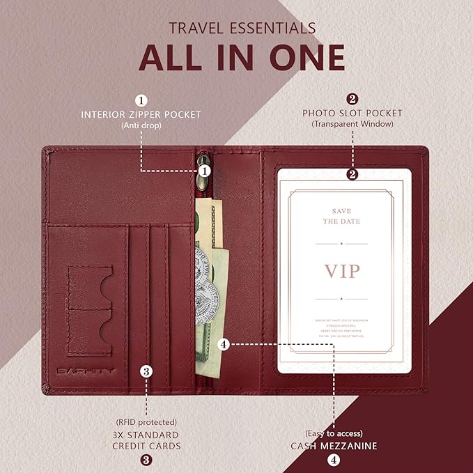 Genuine Leather Passport Holder Wallet Cover for Women,Rfid Travel Wallet Passport Document Holder with Zipper Pocket & Transparent Window Gift for Women - Wine Red