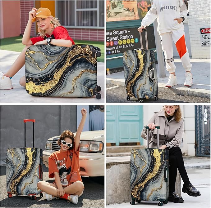 ANNA QUEEN Luxury Marble Gold Luggage Cover, Elegant Black & Grey Suitcase Protector with Faux Gold Vein Design, Stretchable, Washable Spandex Cover for 32-34 Inch Luggage