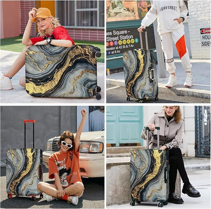 ANNA QUEEN Luxury Marble Gold Luggage Cover, Elegant Black & Grey Suitcase Protector with Faux Gold Vein Design, Stretchable, Washable Spandex Cover for 32-34 Inch Luggage