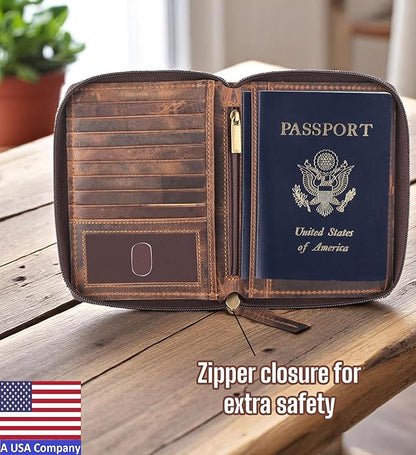 Passport Wallet - Travel Document Holder w/RFID Blocking – Full Grain Leather – Bifold compact zip around Wallet with Credit Card Slots for Women and Men, brown skull,500-31