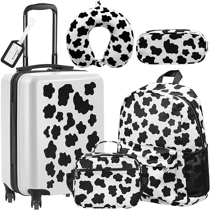 Redbaker 6 Pcs Kids Luggage Set 17 Inch Kids Rolling Luggage Double Pattern Suitcase for Girls Boys School Gift (Black and White,17 Inch,Cow Style)
