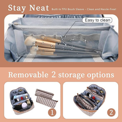 BOYATU Travel Makeup Bags for Women: Large Capacity Cosmetic Bag Set of 3 - Vegan Leather Make up Bags with Compartments - Wide Open Waterproof Toiletry Organizer Bag with Handle (B-05-Brown)