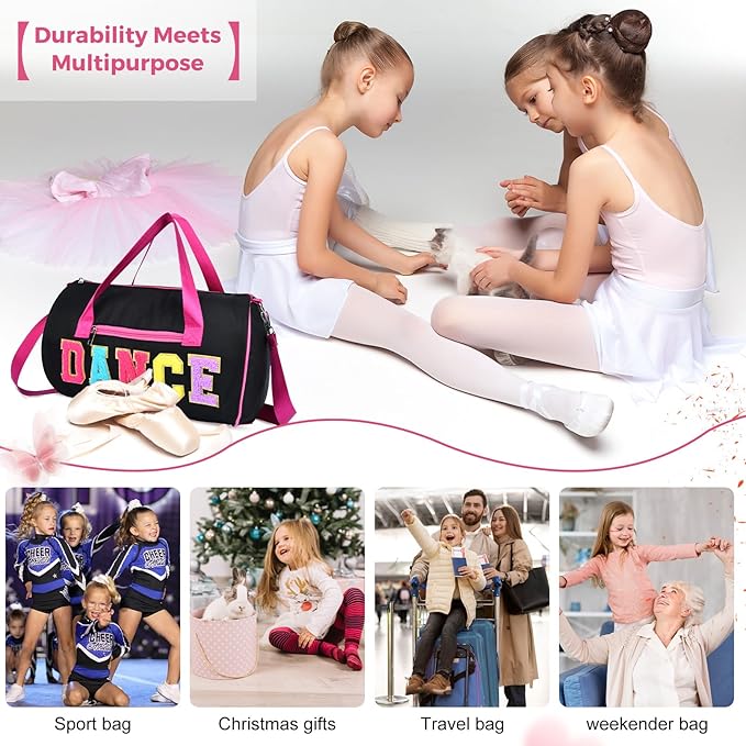 Dance Bag for Girls, KUIRAN 23L Waterproof Travel Duffel Bag with Colorful Chenille Letter, Lightweight Small Gym Sport Ballet Bag Weekender Bag with Large Main Compartment 15"Lx9"Wx9"H - Black