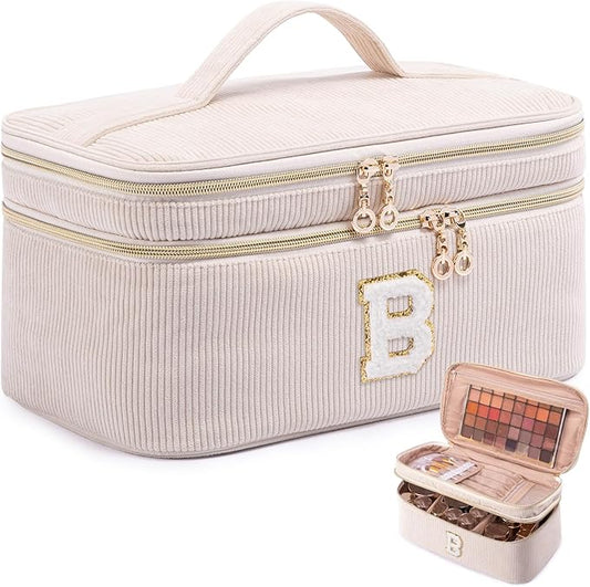 AMOIGEE Initial Makeup Bag Organizer,Personalized Double Layer Train Case, Travel Toiletry Bag for Makeup Brushes for Teens Girl, Skincare Gift Set, Initial Cute Cosmetic Make Up Bag for Women