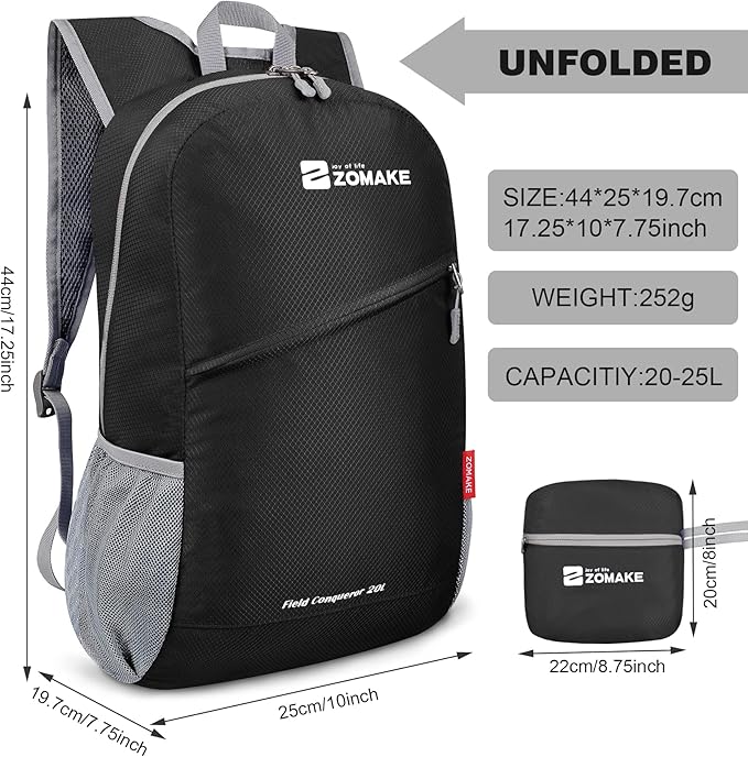 ZOMAKE Lightweight Packable Backpack 20L, Foldable Backpacks Small Daypack for Hiking Water Resistant Day Bag for Travel(Black)