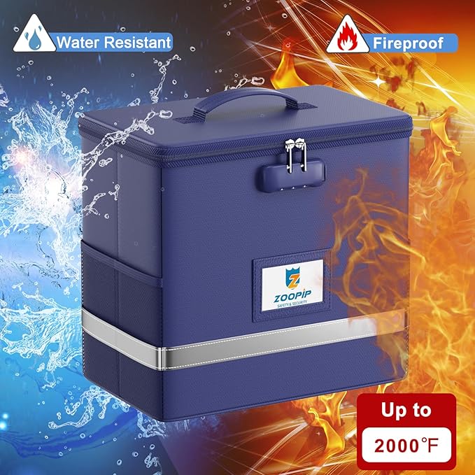 Fireproof File Box with Lock, Document Box Storage Organizer, Suitable for Hanging File Folders in Letter Size, Collapsible File Box, Reflective Strip for Fast Find (12.2"*6"*10.2, Blue)