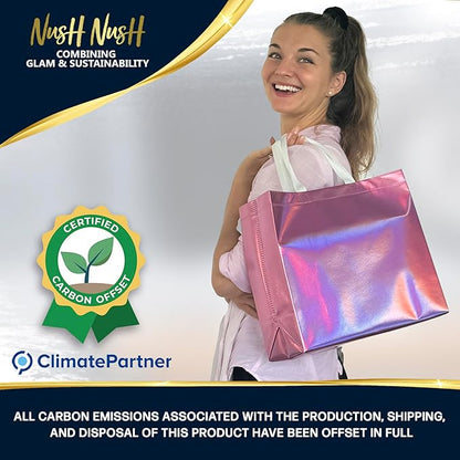 Nush Nush Large Pink Iridescent Gift Bags in Bulk – Set of 30 Holographic Pink Gift Bag With Handles - For Small Business, Birthday, Christmas, Goodie, Gifting, Party Favors - 13 "x 5" x 11" Size