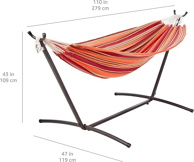 Amazon Basics 2 Person Heavy Duty Double Hammock with 9-Foot Space Saving Steel Stand and Carrying Case Outdoor, 450 lb Capacity, Sunset Orange, Stripe, 110 x 47 x 43 Inches