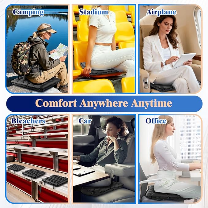 HiiPeak Inflatable Stadium Seat Cushion, Compact Hand Press Stadium Seats Pad Bleacher Seat Chair Cushion Pad for Airplane Travel Camping Backpacking Sports Events(Black)