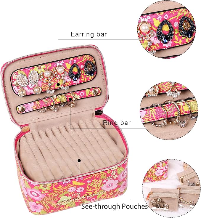 Angelina's Palace Jewelry Organizer Case Bridesmaid Gifts Travel Bag Vegan Leather Box for Necklace Earring Bracelet Ring(blossom fuschia)
