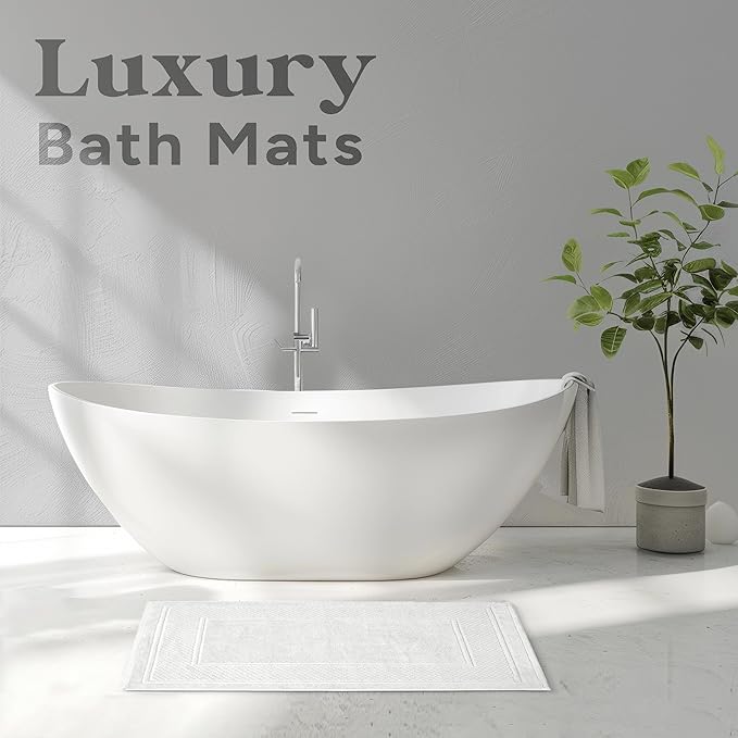 Avalon Towels White Bath Mat - 100% Cotton Set of 2 Absorbent Bathmat - Bathroom Mats Quick Dry Bath Mats for Bathrooms (22x34 Inches)