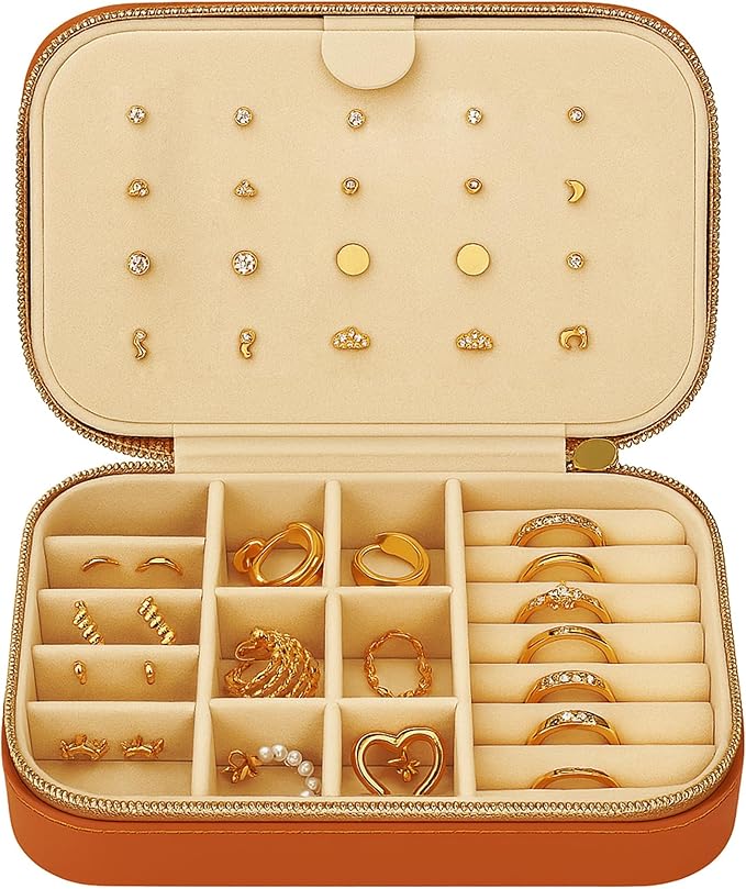 Small Travel Jewelry Box Organizer for women & Girls, Portable Small Travel Jewelry Case Organizer for Traveling, PU Leather Mini Box for Earrings, Necklaces, Rings, Bracelets - Neutral Tan