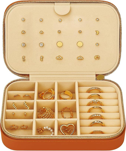 Small Travel Jewelry Box Organizer for women & Girls, Portable Small Travel Jewelry Case Organizer for Traveling, PU Leather Mini Box for Earrings, Necklaces, Rings, Bracelets - Neutral Tan