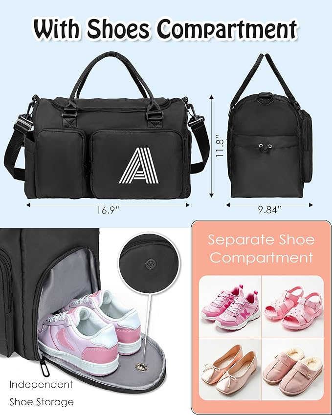 Initial Gym Bag for Girls, Kids Travel Duffel, Sports Weekender Overnight Dance Bag with Shoes Compartment, Monogram Gift, gifts for college graduates, teacher gifts