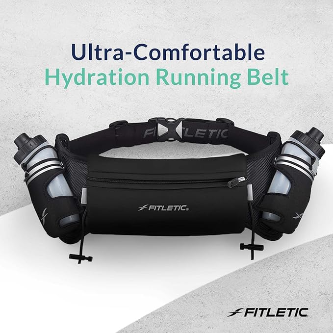Fitletic Hydration Running Belt with Water Bottles for Men & Women – 2 Quick Flow 8oz Running Water Bottles, Patented Bounce Free Design, Water Resistant Pouch Fits All Phones – Hydra 16