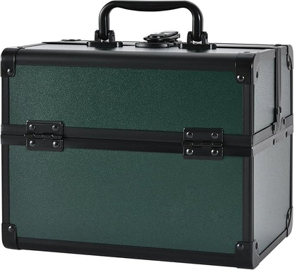 Makeup Train Case, Portable Makeup Case with Mirror, 2-Trays Cosmetic Organizer Case,Nail Polish Organizer, Travel Makeup Box, Profesional for Salon Barber, Green