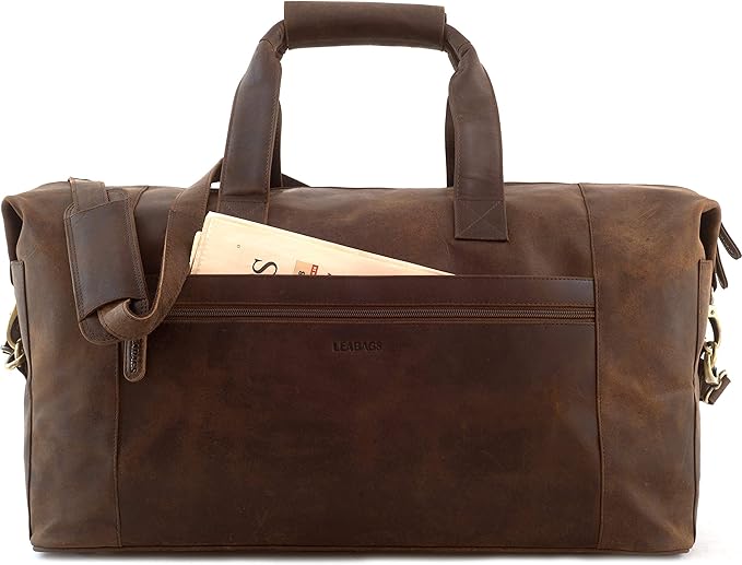 Leabags Leather Weekender | Genuine Leather Premium Travel Bag | 41L Sports Duffle Gym Training Airplane Bag | Large | Dark Brown Nature | for Women & Men
