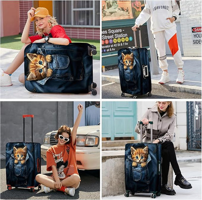 ANNA QUEEN Cute Kitten in Pocket Luggage Cover, Funny Cat Suitcase Protector with Denim Print, Stretchable & Washable Spandex Travel Cover for 24-26 Inch Luggage