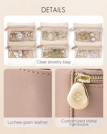 Vlando Travel Jewelry Organizer,Jewelry Travel Case with 6 Velvet Zipper Jewelry Bags Gift Ideas for Birthday Wedding Graduation-Tan