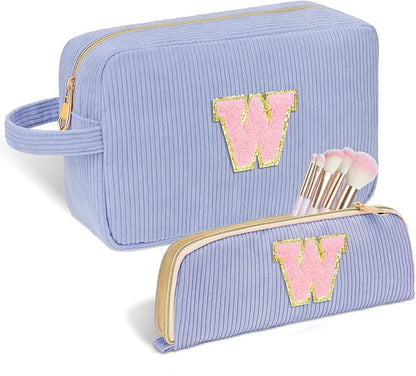 Personalized Initial Makeup Bag Trendy Stuff Corduroy Cosmetic Bag Travel Toiletry Bag, Christmas/Thanksgiving/Halloween Gifts Makeup Organizer Case for Women Girls Mom Girlfriend Wife - Blue