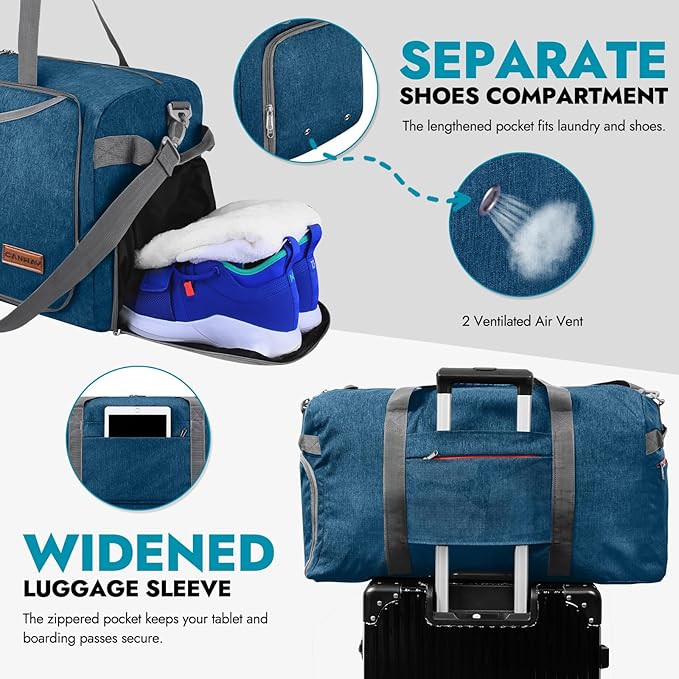 Canway 65L Travel Duffel Bag, Foldable Weekender Bag with Shoes Compartment for Men Women Water-proof & Tear Resistant (Aegean Blue, 65L)