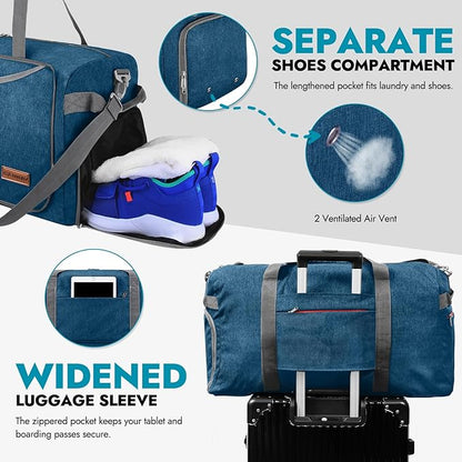 Canway 65L Travel Duffel Bag, Foldable Weekender Bag with Shoes Compartment for Men Women Water-proof & Tear Resistant (Aegean Blue, 65L)