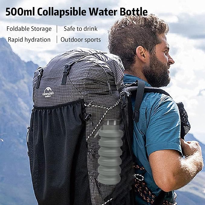Collapsible Water Bottle,16oz Capacity Portable Reusable Silicone Water Bottle,Leak-proof,with buckle,foldable storage,Lightweight Durable for Fitness,Cycling,Sports,Camping,Hiking (Pink+Pink)