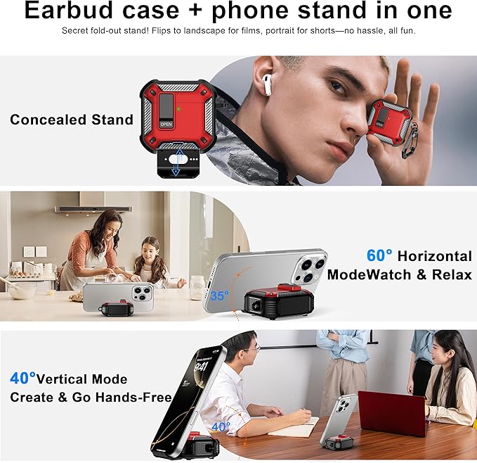 RFUNGUANGO Compatible AirPods 4th Generation Protective Case with Phone Holder and Compatible Back Magnetic Suction Function, Suitable for AirPods 4th Case-Red