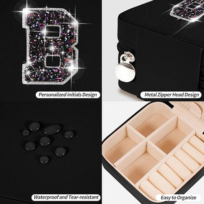 Initials Travel Jewelry Case - Bridesmaid Gifts Wedding Day,Bridesmaid Proposal Gift,Bridal Shower Gifts,Maid of Honor Gifts,Bachelorette Party Decorations Favors | Black,B
