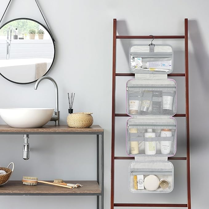 PAVILIA Hanging Toiletry Bag Travel Bag Women Men, Foldable Cosmetic Organizer, Roll up Makeup Bag, Water Resistant Accessories Toiletries, Large Travel Essentials Kit (Purple Floral)