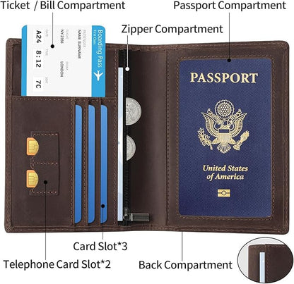 Ringsun Leather Passport Cover for Men Women, RFID Passport Wallet Case Travel Passport Holder for Family