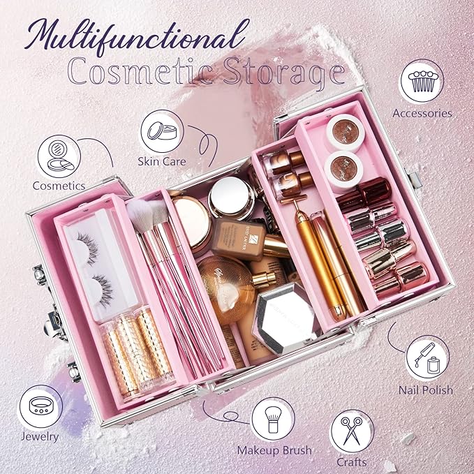 FRENESSA Makeup Train Case 8.85 Inch Portable Makeup Case Organizer Cosmetic Box Make Up Box Makeup Organizer Cosmetic Storage Cases with Locking Nail Kit Organizer Small Travel Case Mermaid Pink
