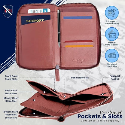ALLEN & MATE Passport Holder Travel Wallet, 100% Leather RFID Blocking Travel Document Organiser for Men & Women