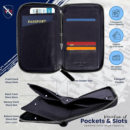 ALLEN & MATE Passport Holder Travel Wallet, 100% Leather RFID Blocking Travel Document Organiser for Men & Women