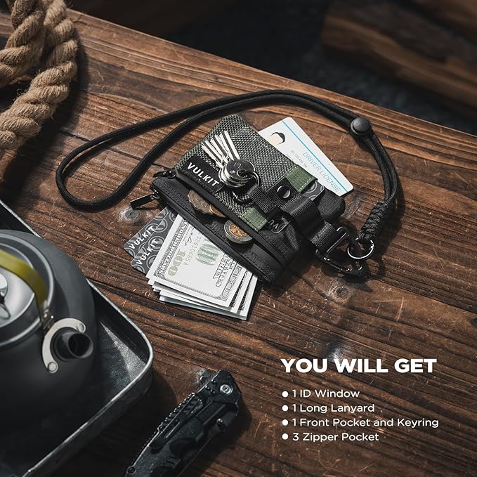 VULKIT Small RFID Wallet for Women & Men – Minimalist Zipper Wallet with ID Window, Keychain & Carabiner, Holds 15 Cards, Water Resistant Travel Lanyard Wallet Army Green Black