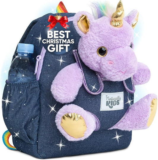 Naturally KIDS Medium Toddler Unicorn Backpack Age 3-9 (11’’h) w Detachable Purple Unicorn Toys for Girls Age 4-6, Gifts for 5 Year Old Girls