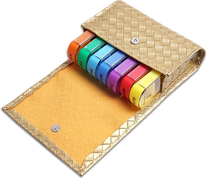 Pill Organizer,LIZIMANDU Weekly Travel Pill Case Box Medication Reminder Daily AM PM, Day Night 7 Compartments,for 4 Times A Day, 7 Days a Week-Includes Leather PU Carrying Case(1-Weave Gold)