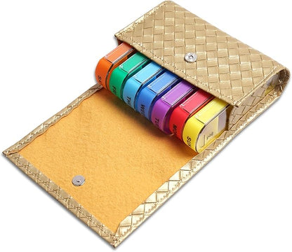 Pill Organizer,LIZIMANDU Weekly Travel Pill Case Box Medication Reminder Daily AM PM, Day Night 7 Compartments,for 4 Times A Day, 7 Days a Week-Includes Leather PU Carrying Case(1-Weave Gold)