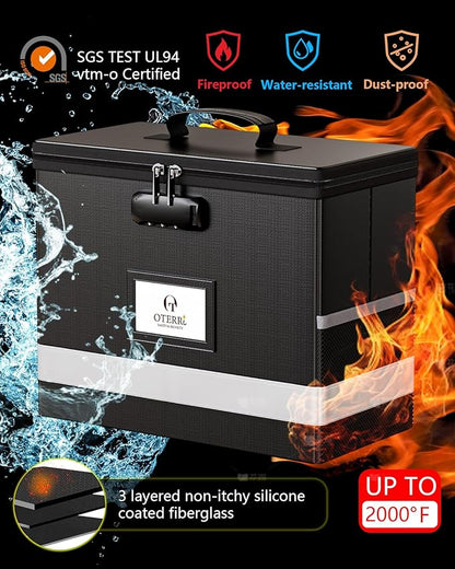 Oterri 1 Pack Fireproof Document Box With Lock, Portable File Safe Box Fireproof Waterproof For Letter Files, Collapsible Fireproof File Box With Handle Black