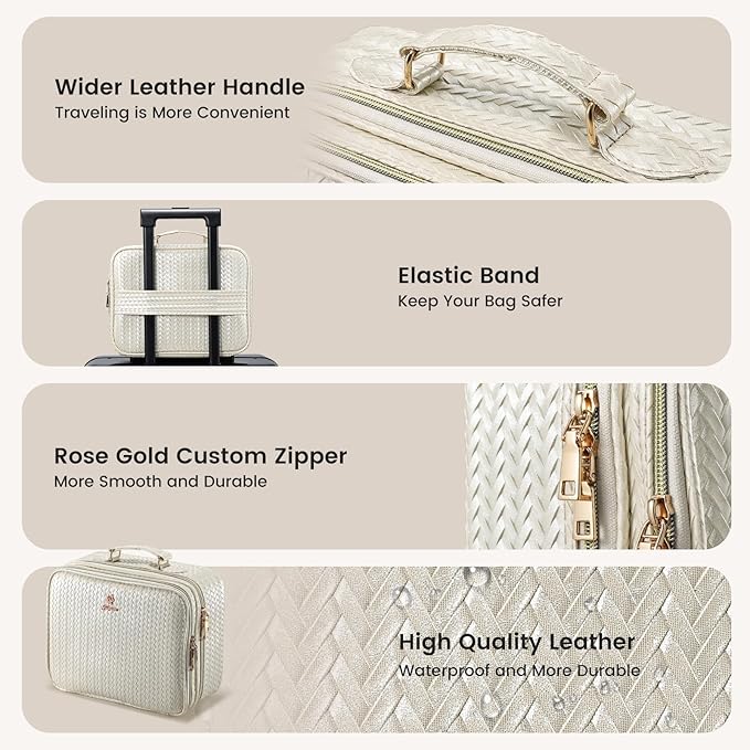 Makeup Bag with LED Lighted Mirror 12.2 IN Travel Double Layer Makeup Case Adjustable Brightness in 3 Colors Cosmetic Organizer Artist Storage with Dividers Brush Holder Vanity Beige