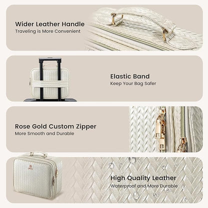 Makeup Bag with LED Lighted Mirror 12.2 IN Travel Double Layer Makeup Case Adjustable Brightness in 3 Colors Cosmetic Organizer Artist Storage with Dividers Brush Holder Vanity Beige