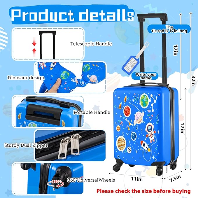 Redbaker 6 Pcs Kids Luggage Set 17 Inch Kids Rolling Luggage Double Pattern Suitcase for Girls Boys School Gift(Light Blue,Astronauts)