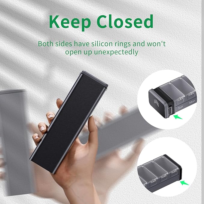 7 Day Weekly Metal Pill Organizer Travel, Kursoaya Premium Aluminum Daily Pill Box, Cute Portable Pill Case, Large Capacity Pill Holder for Supplements, Pills, Vitamins, Medicine (Black)