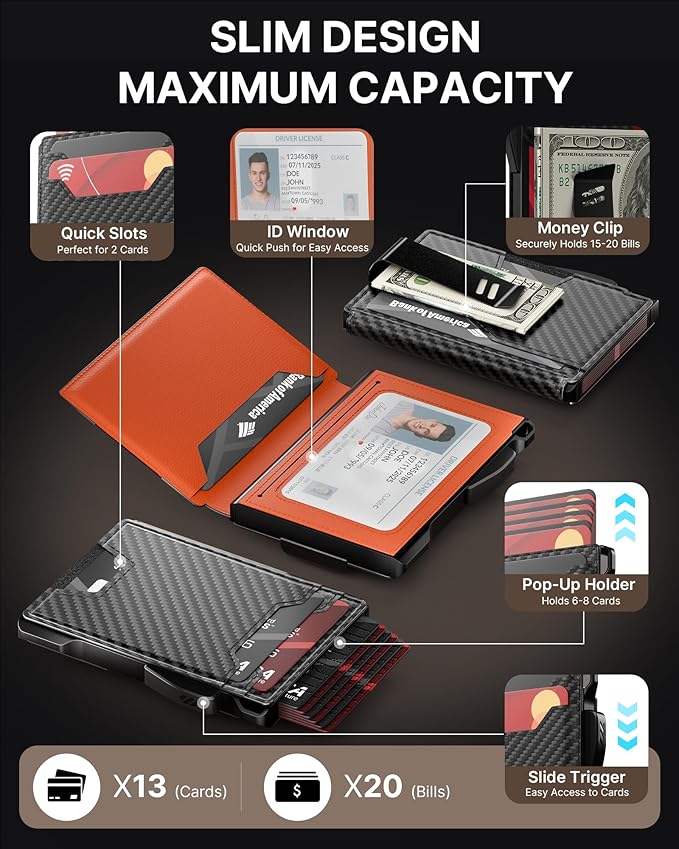 typecase Wallet for Men: Rfid-blocking with Money Clip Slim Leather Bifold ID Window Smart Pop Up Card Case Front Pocket Wallet with Gift Box (Black Orange)