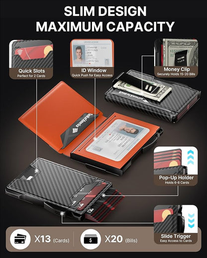 typecase Wallet for Men: Rfid-blocking with Money Clip Slim Leather Bifold ID Window Smart Pop Up Card Case Front Pocket Wallet with Gift Box (Black Orange)