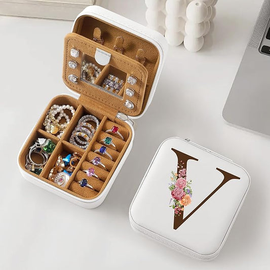 Parima Christmas Stocking Stuffers Gifts Aunt Gifts - Auntie Birthday Gifts, White Initial Jewelry Box - Letter V, Travel Jewelry Case