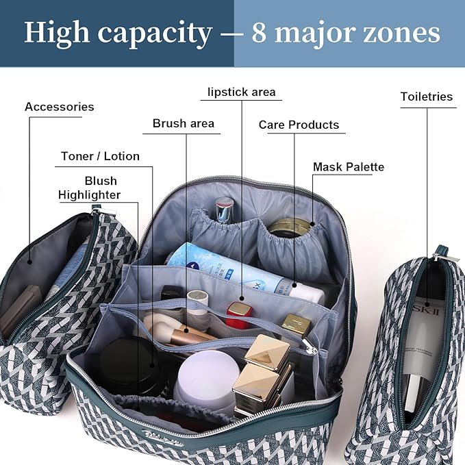 BOYATU Travel Makeup Bags for Women: Large Capacity Cosmetic Bag Set of 3 - Vegan Leather Make up Bags with Compartments - Wide Open Waterproof Toiletry Organizer Bag with Handle (B-01-Royal blue)